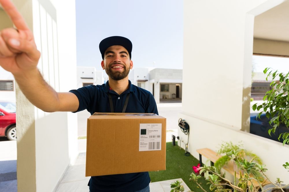 A delivery man is holding a cardboard box and pointing at the camera.