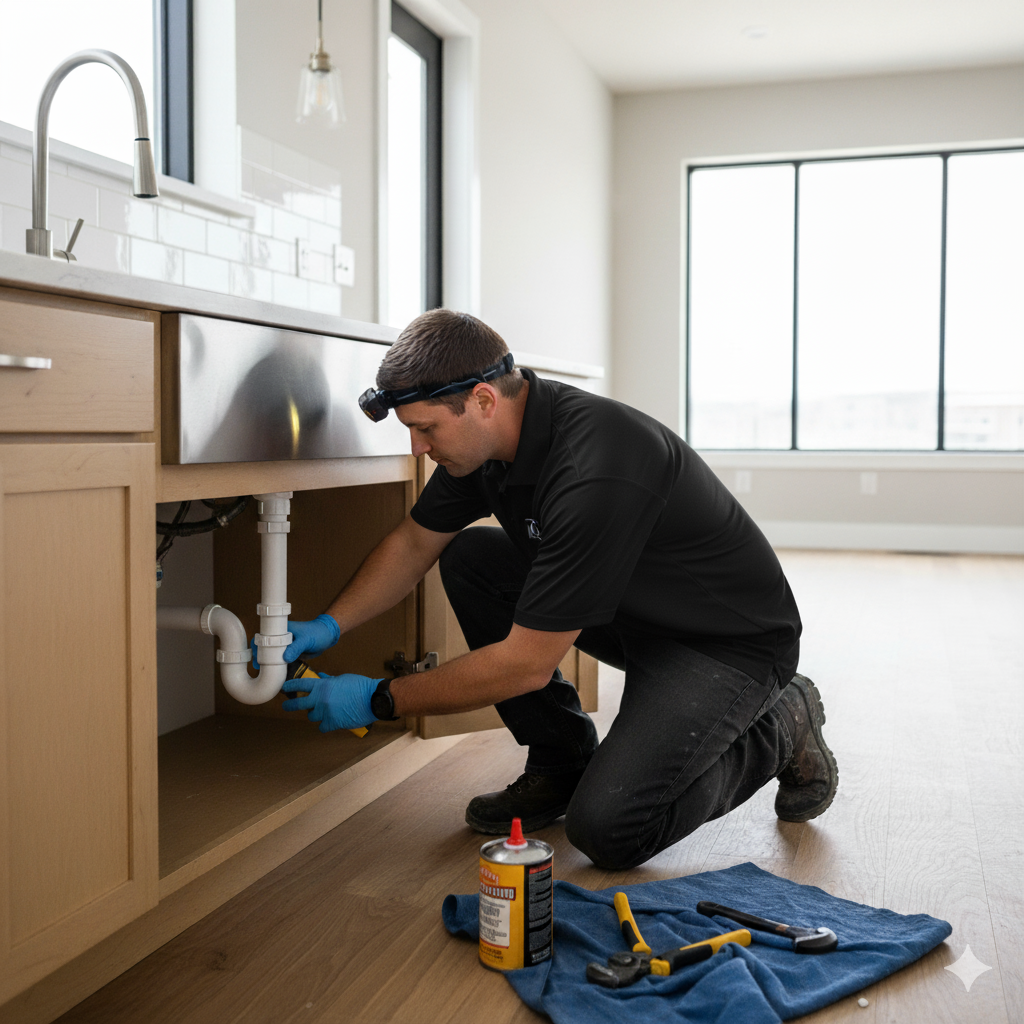 Plumber in black shirt and headlamp fixing sink pipes in a kitchen.