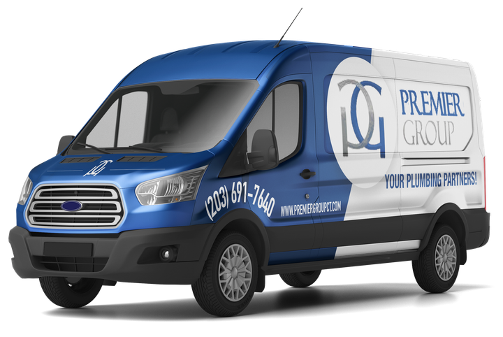 Blue and white Premier Group plumbing van with logo and phone number.