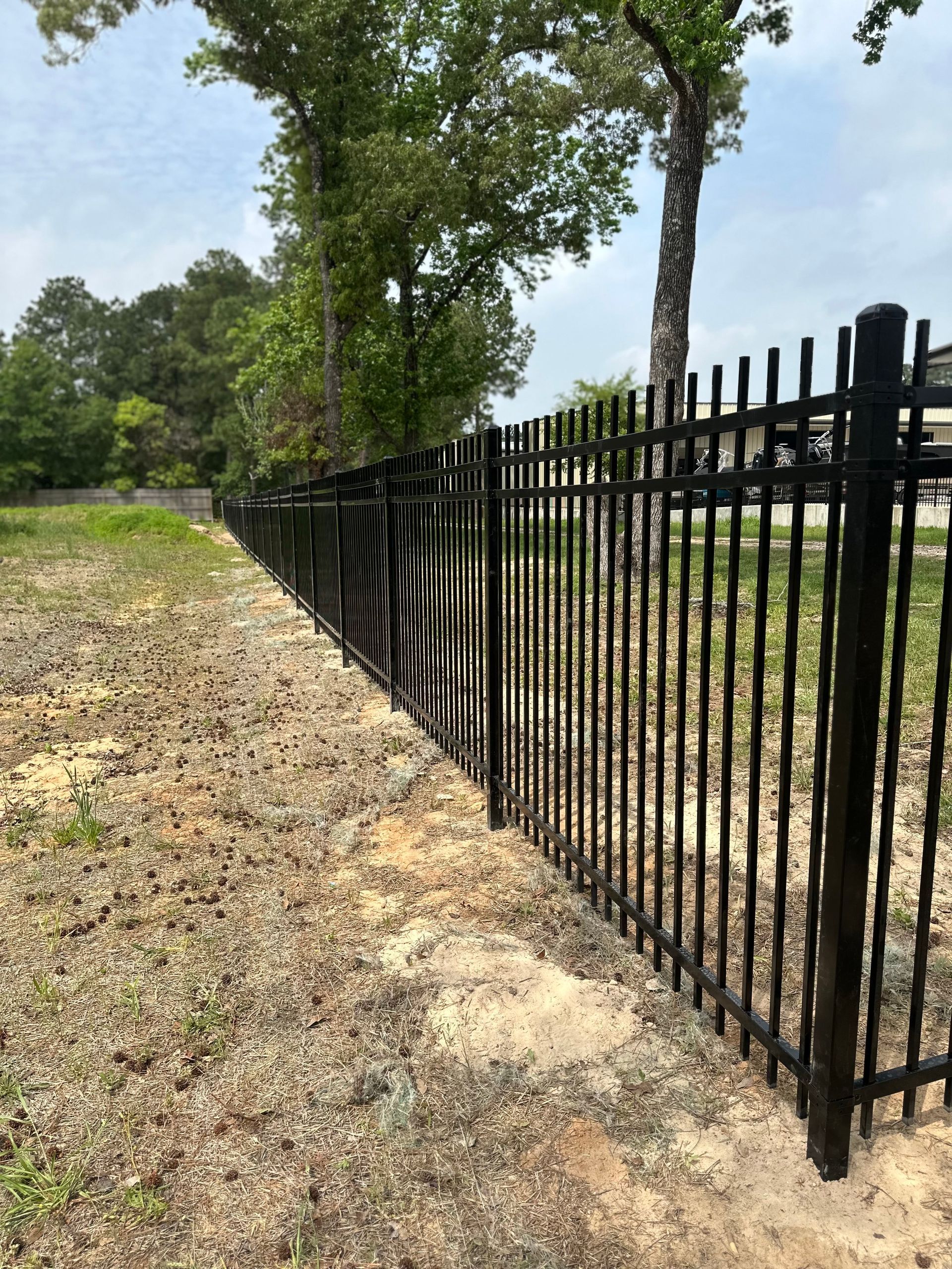 A black metal fence surrounds a dirt field with trees in the background.