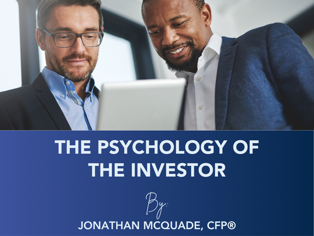 Two men looking at a laptop with title text, “The Psychology of the Investor.”
