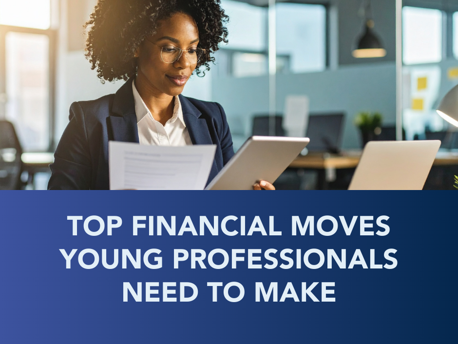 Woman in a blazer looks at a tablet and papers. Text: 