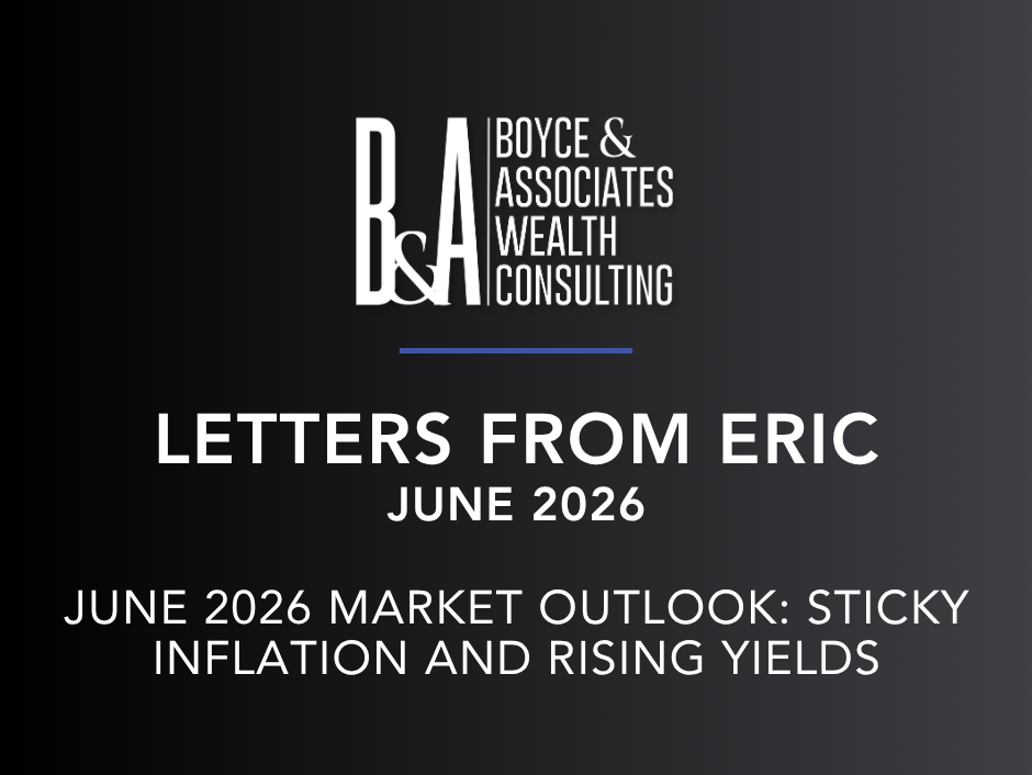 Black title slide: Boyce & Associates Wealth Consulting, Letters from Eric, June 2026 market outlook on inflation and yields