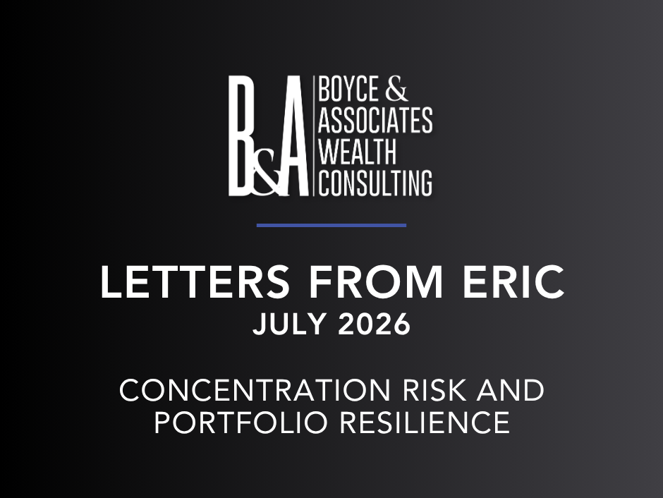 BOYCE & ASSOCIATES WEALTH CONSULTING logo on a black title slide: Letters from Eric, July 2026, Concentration Risk and Portfolio Resilience