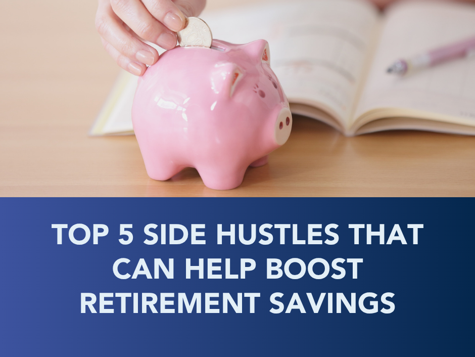 A hand placing a coin into a pink piggy bank on a desk, with text below reading: 