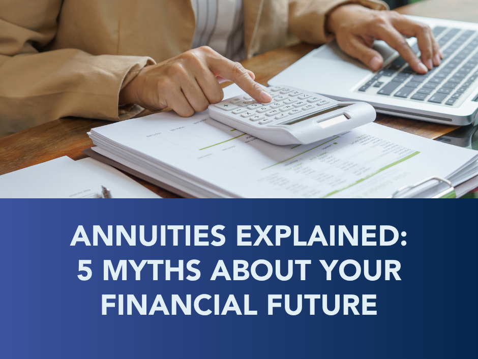 A person at a desk using a calculator and laptop, with the text: 