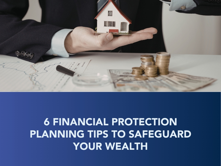 Hands holding a model house above financial charts and coins, with text about financial protection tips