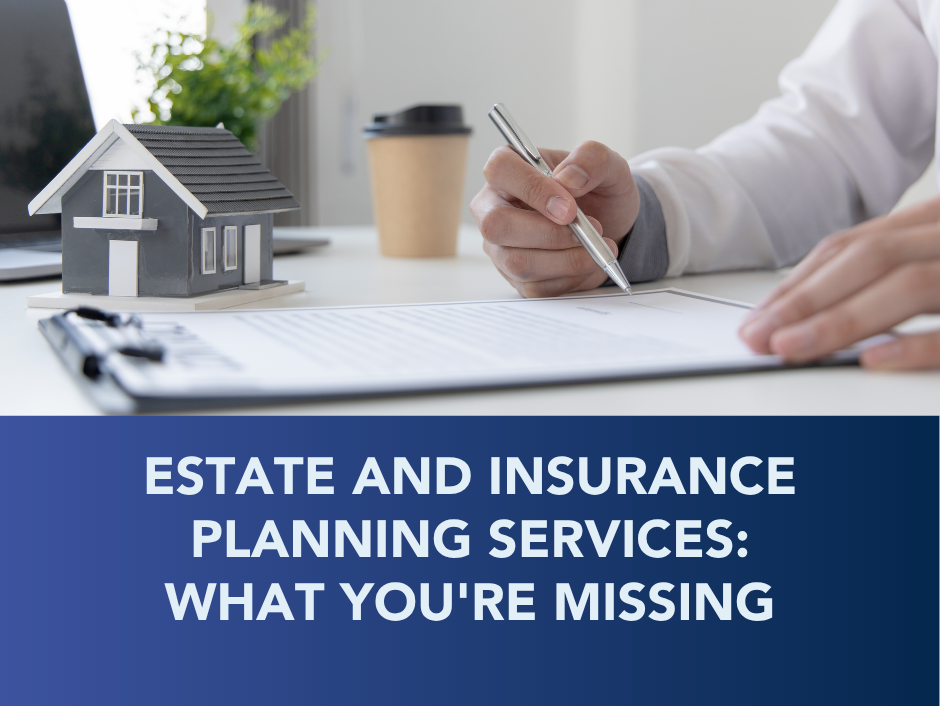 Estate and insurance planning services banner with house model and hands writing on paperwork
