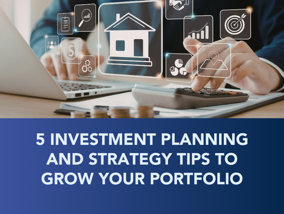 Hands using laptop and phone with finance icons; text reads “5 investment planning and strategy tips to grow your portfolio”