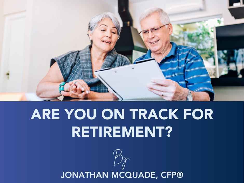 Older couple reviewing paperwork, blue background, text: