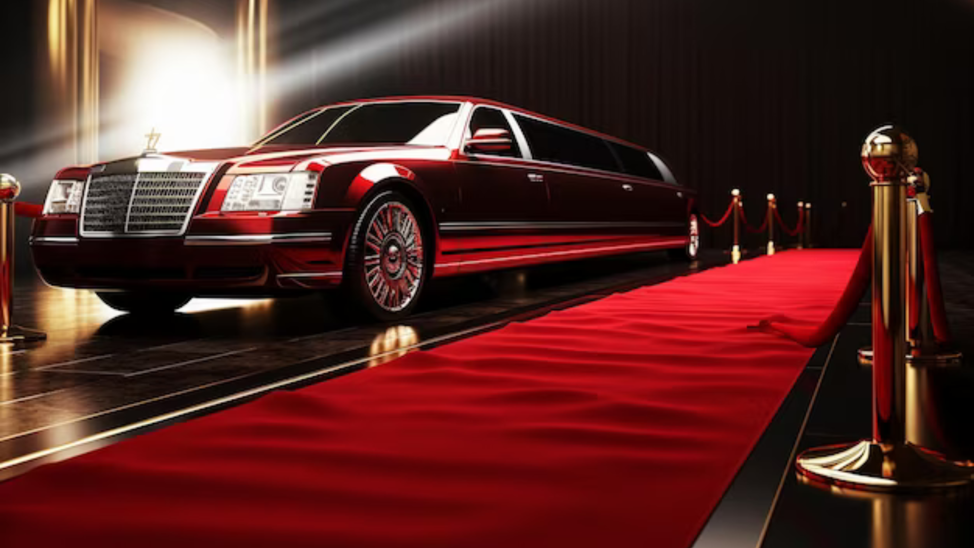 a symphony limousine ad with a red limousine on a red carpet