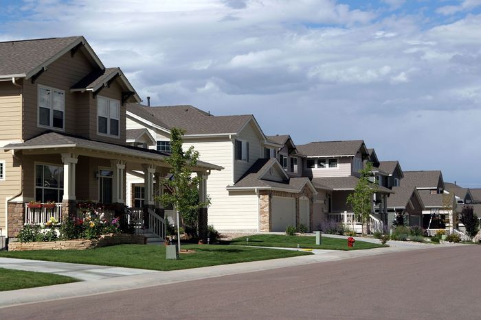 A row of houses with a fire hydrant in front of them.