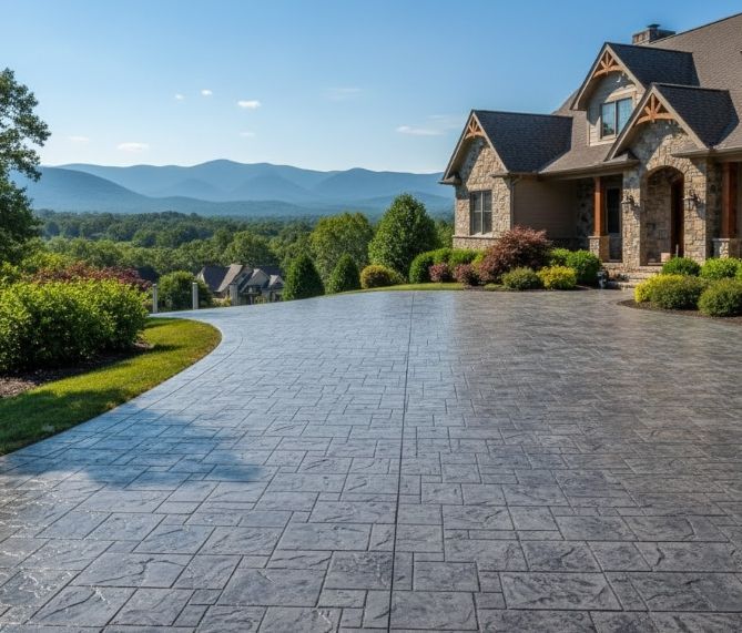 Stamped concrete driveway with a detailed slate pattern, demonstrating high curb appeal and decorative options for homeowners in Harrisonburg, VA.