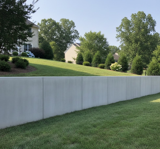 Concrete retaining wall holding back a landscaped hillside in a Harrisonburg Virginia backyard
