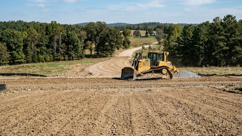 A yellow bulldozer sits on a dirt road during construction in a grassy, wooded landscape.