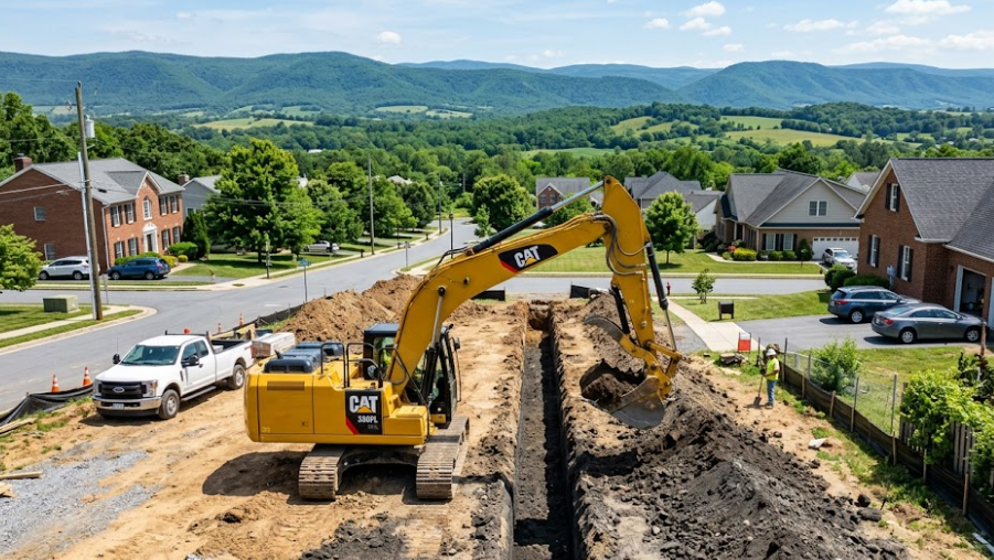 A yellow Caterpillar excavator digs a long trench in a suburban residential area with mountains in the background.