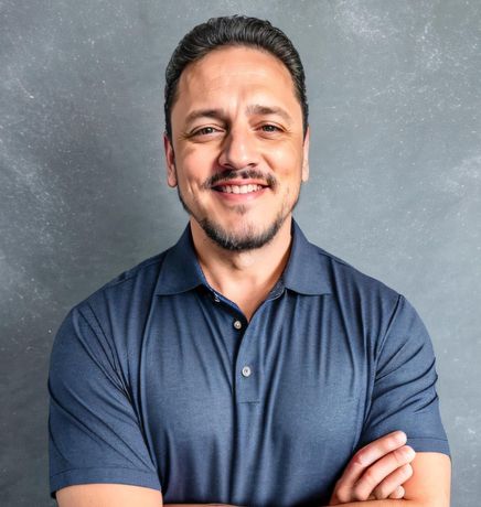 Fotografia de um sorridente homem branco de cabelos curtos, vestindo uma camisa polo azul