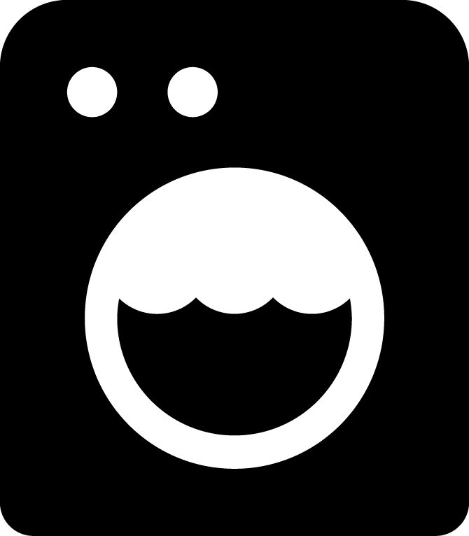 Washing machine icon, black and white, showing a front-load washer with water visible in the drum.