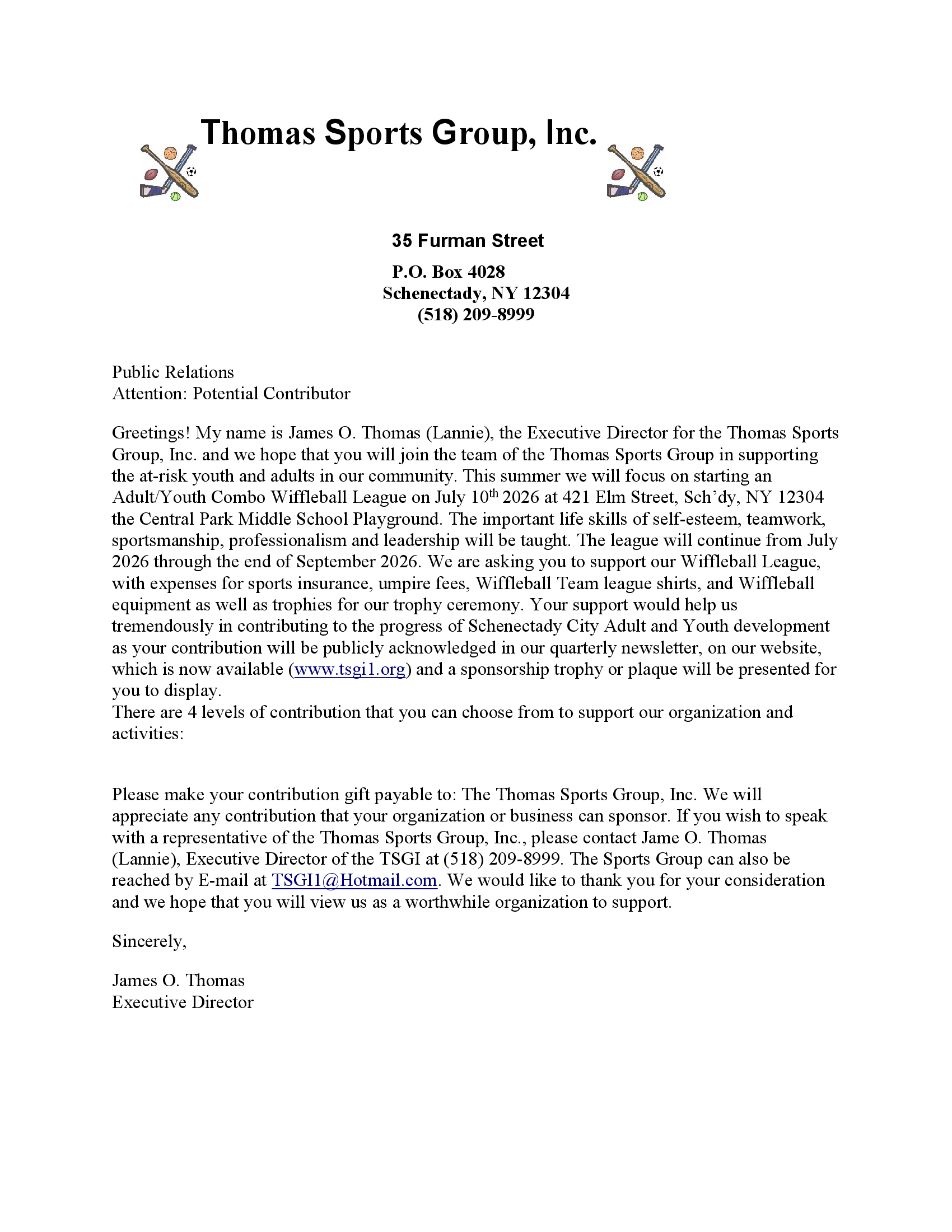 Letterhead from Thomas Sports Group, Inc. with a typed fundraiser letter and contact details