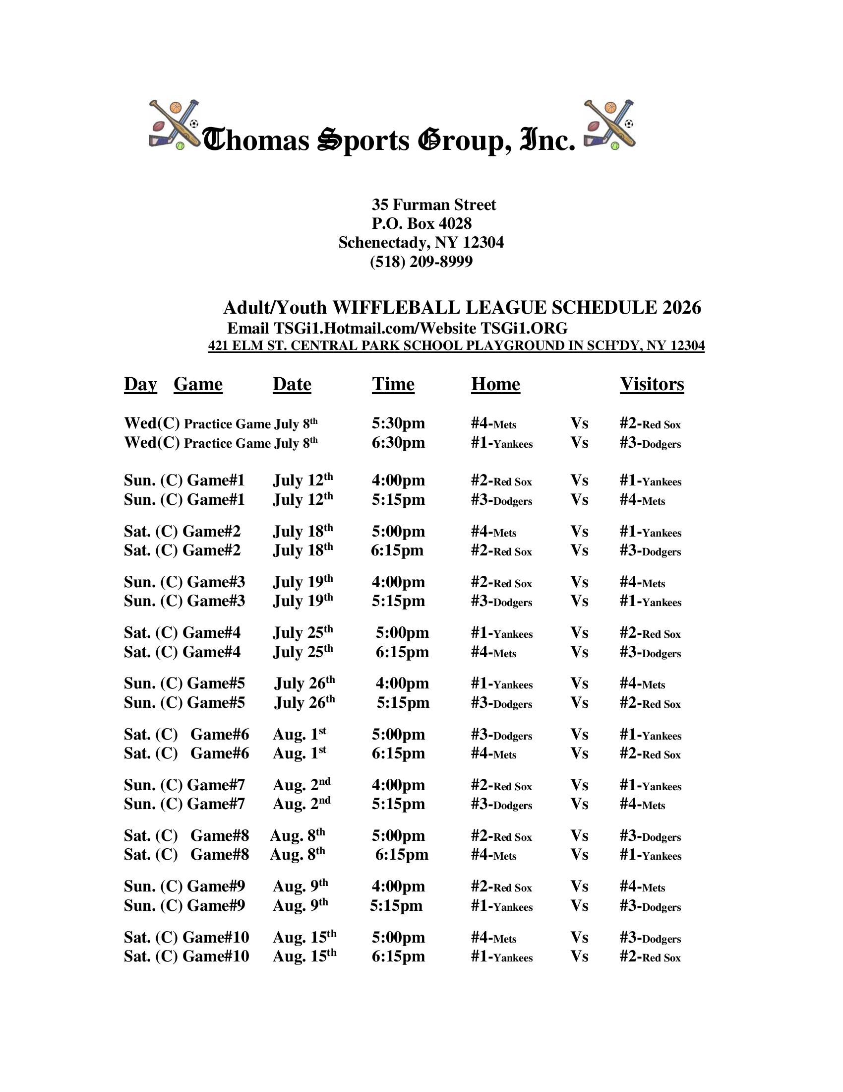 Printed schedule sheet from Thomas Sports Group with dates, times, and matchup listings.