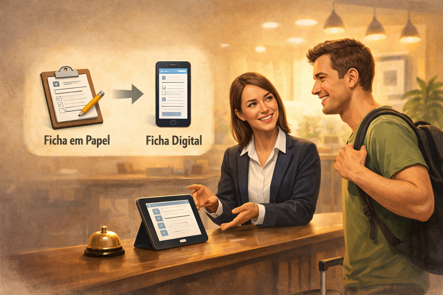 Uma recepcionista gesticula em direção a um tablet, mostrando a transição de um formulário em papel para um processo de cadastro digital.