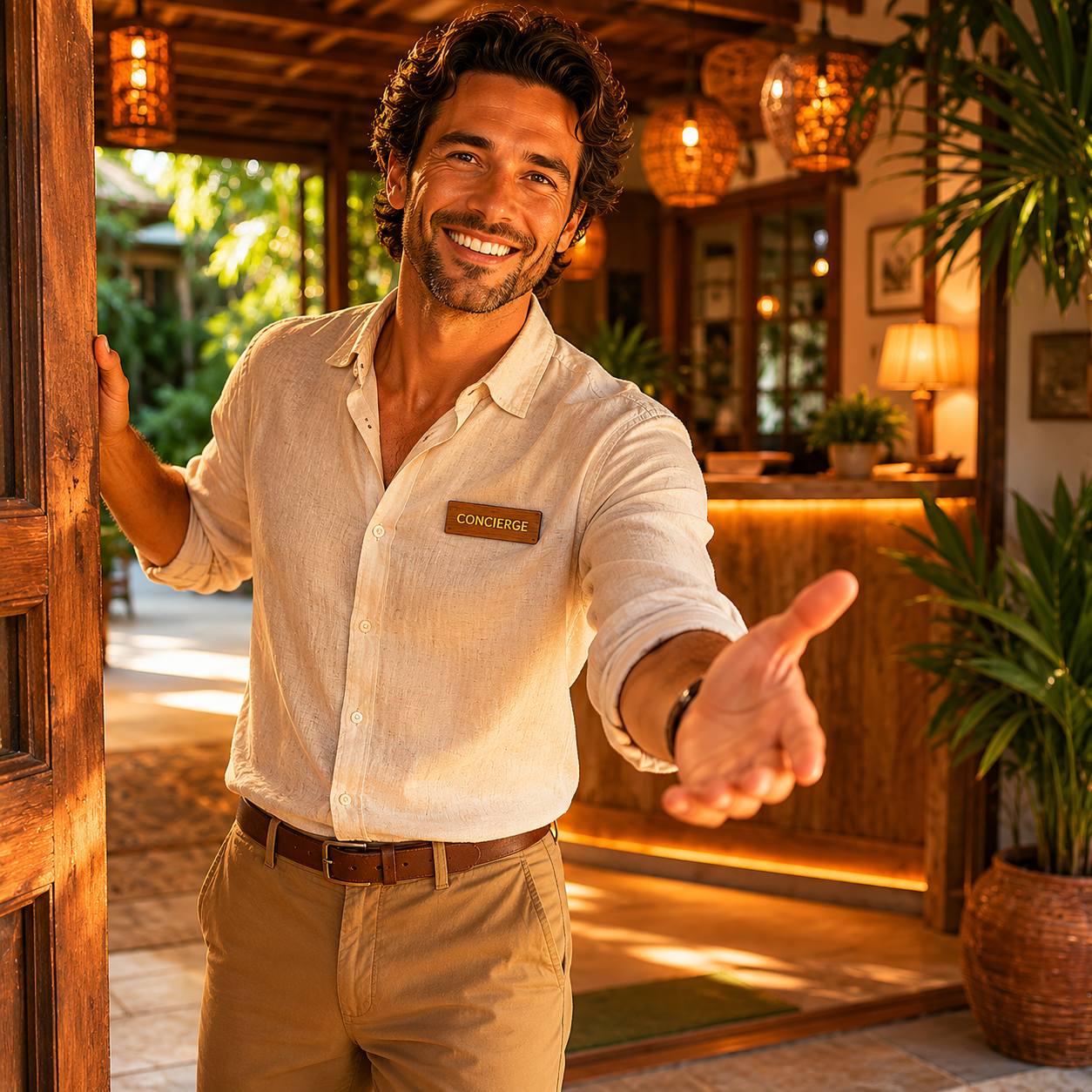 O concierge estende a mão no saguão iluminado de uma pousada aconchegante