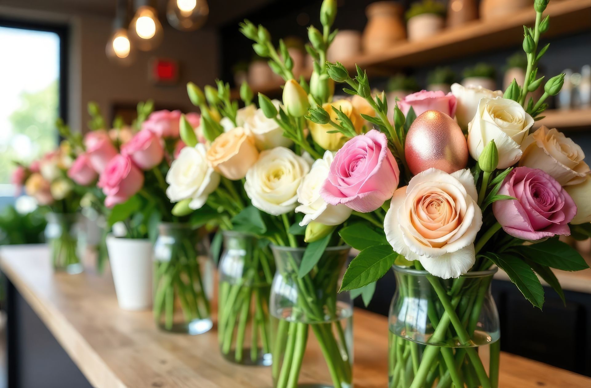 Yellow vase with yellow bow holding yellow daisy, two pink roses, and green foliage. Vases of colorful roses and greenery line a wooden counter in a flower shop, lit by overhead lights.