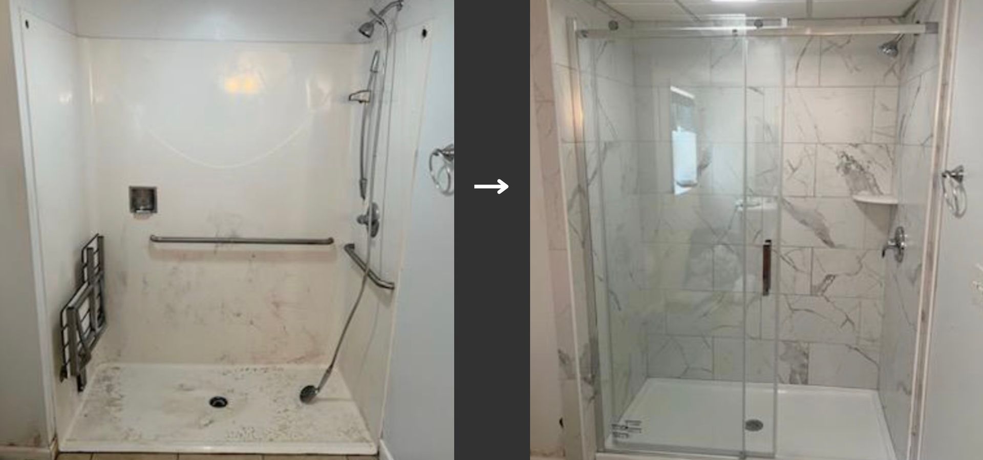 Before-and-after photo of a shower renovation, showing the removal of a grab bar and seat in favor of glass doors and tile.