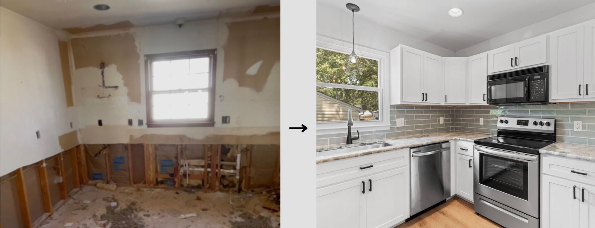 A split-screen comparison showing a kitchen undergoing a major renovation before and after the completed remodel.