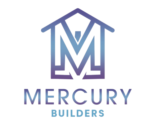 Logo for Mercury Builders featuring an "M" shaped like a house in a blue-to-purple gradient with text below.