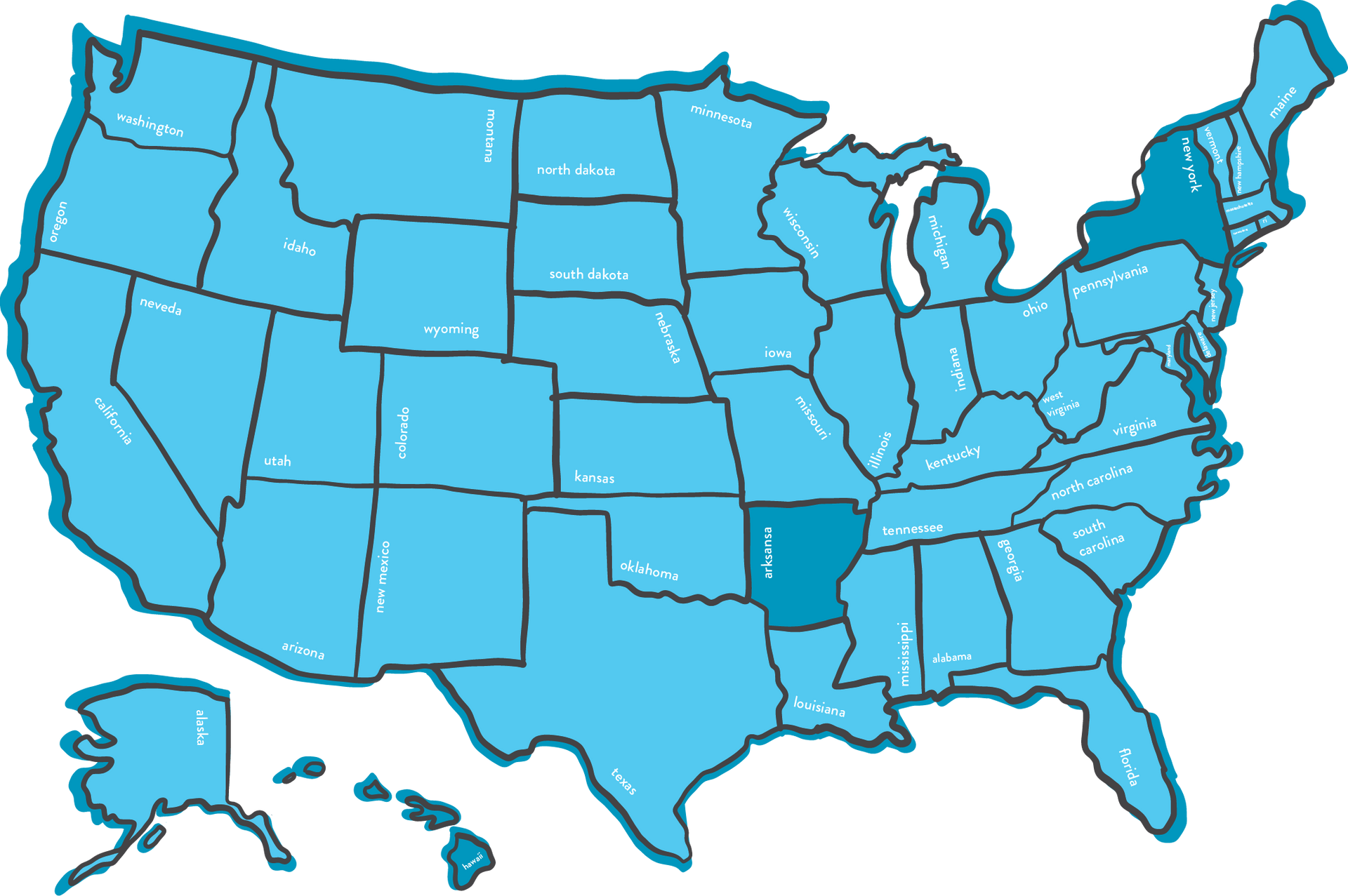 A blue map of the united states with arkansas, new york, and hawaii highlighted