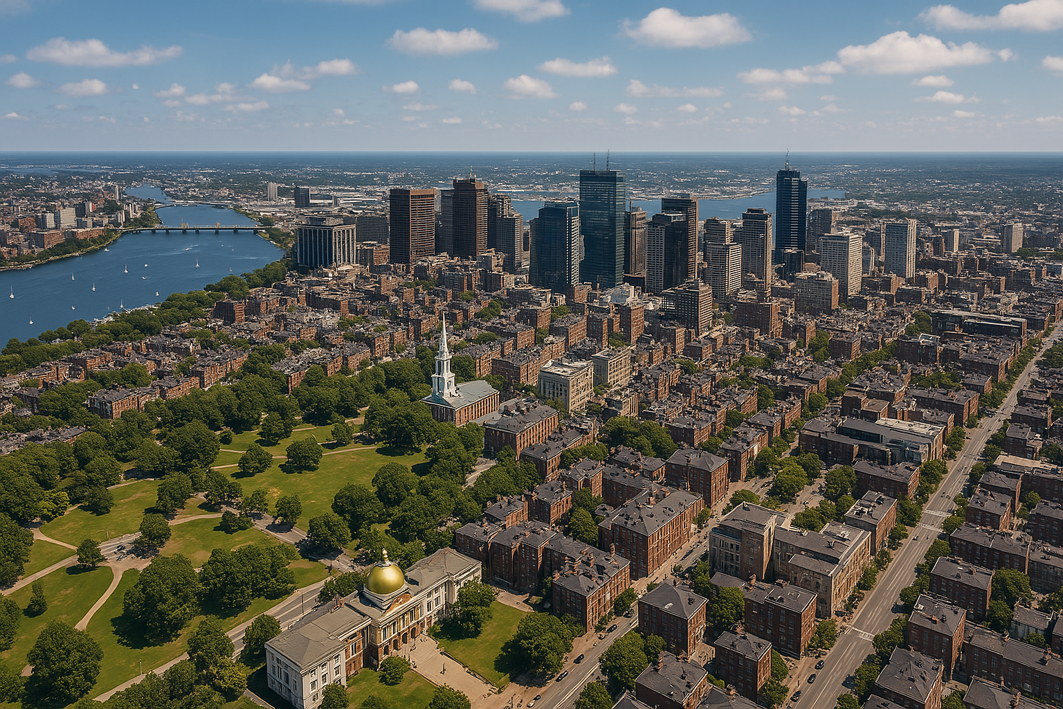 An aerial view of a city with lots of buildings and trees