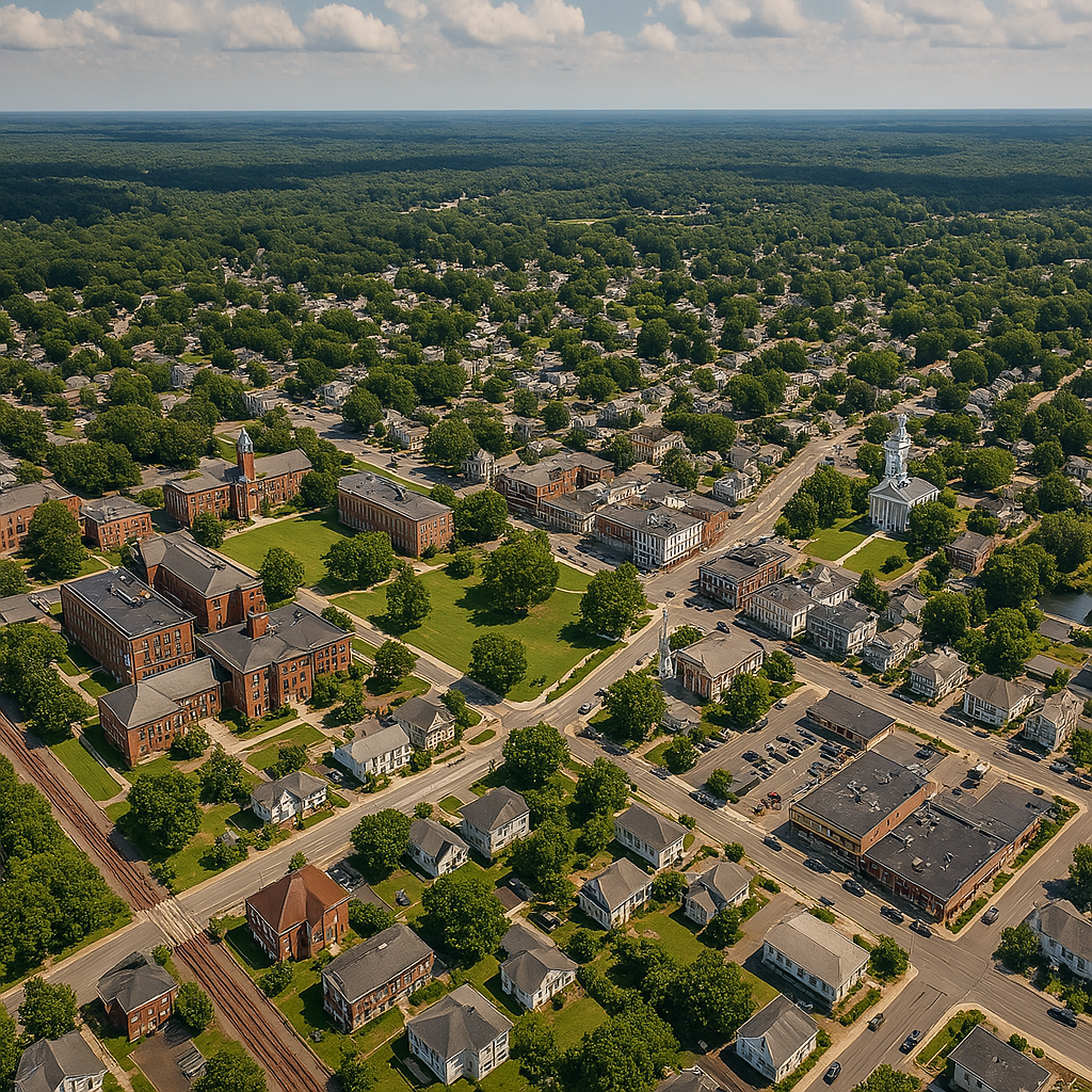 An aerial view of a residential area with lots of houses and trees