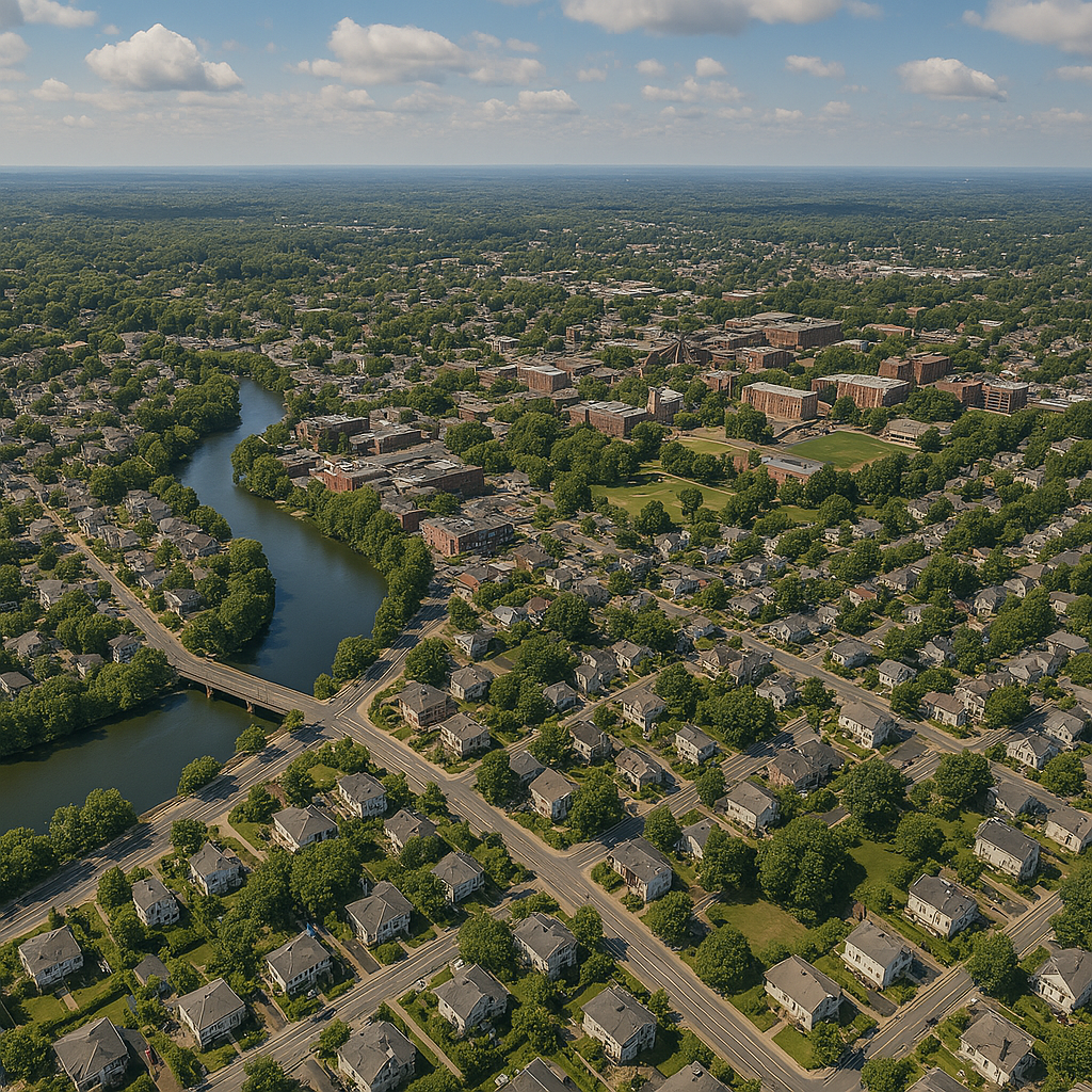 An aerial view of a residential area with a river running through it