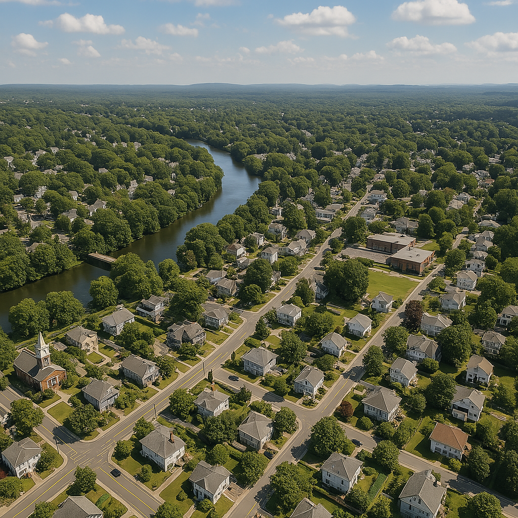 An aerial view of a residential area with a river running through it