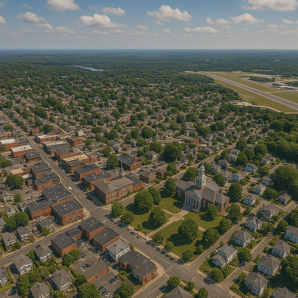 An aerial view of a residential area with a church in the middle