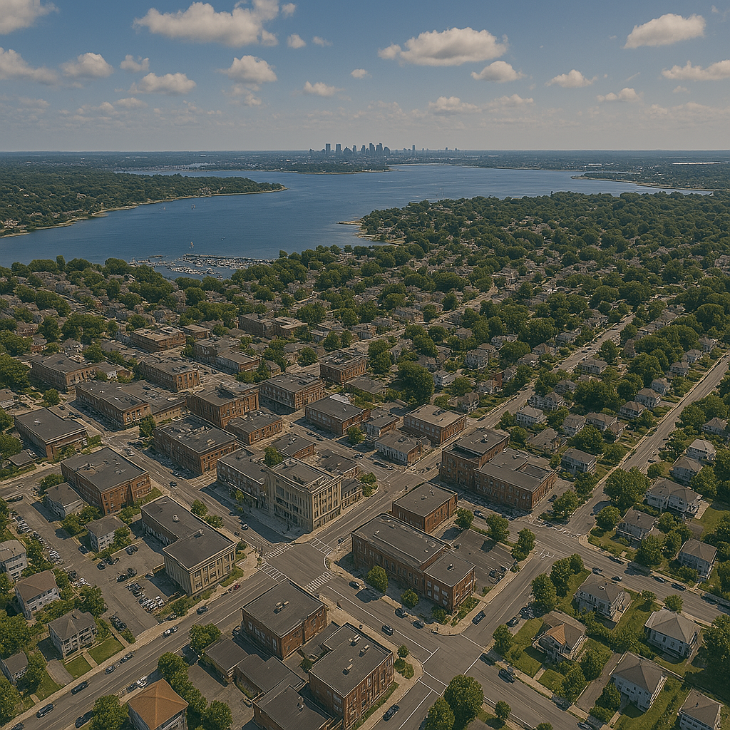 An aerial view of a residential area with a lake in the background