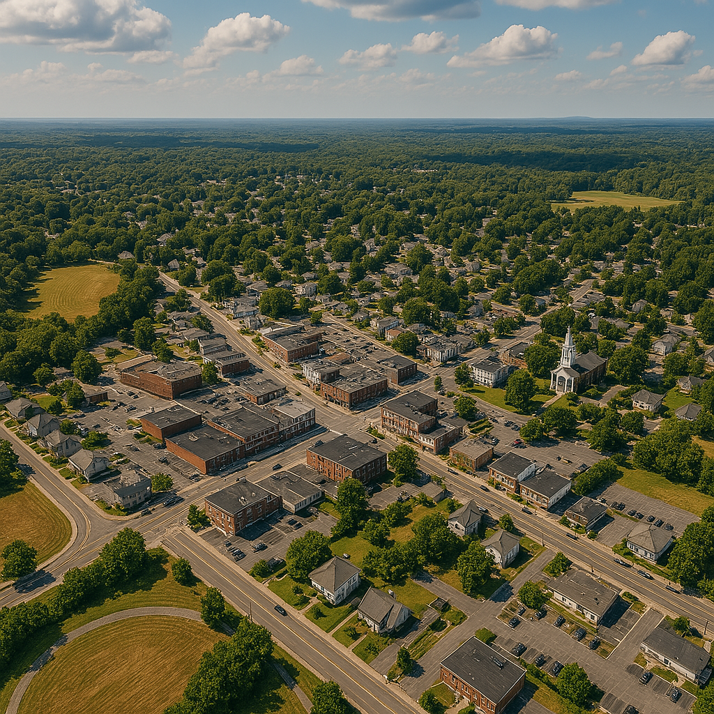 An aerial view of a small town surrounded by trees