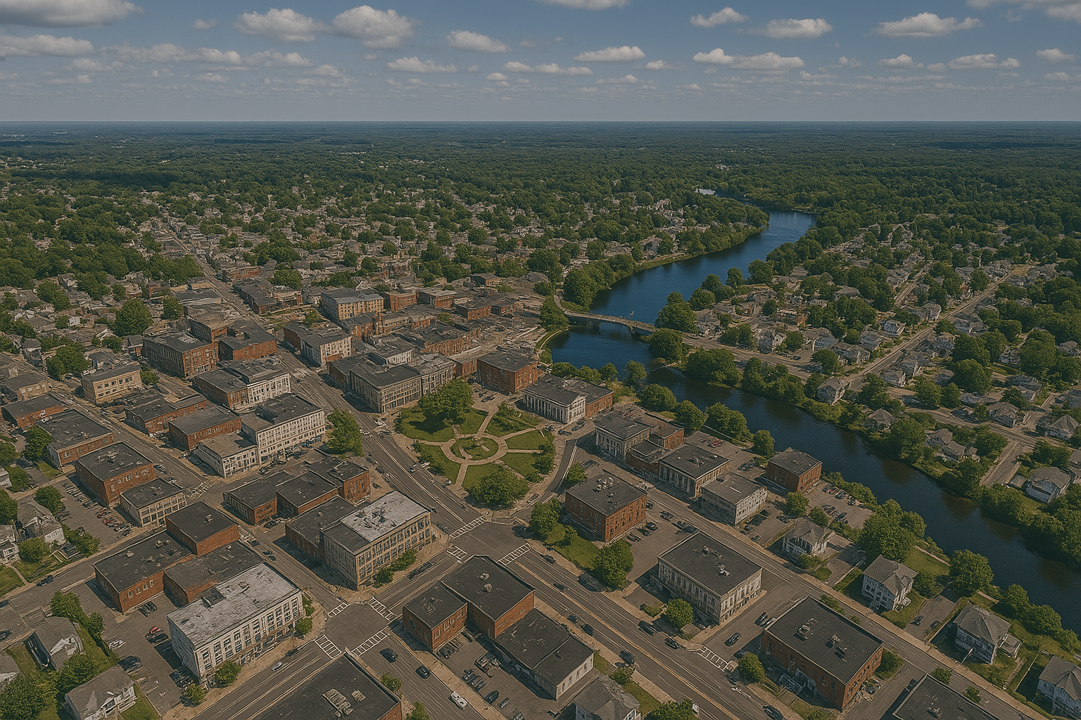 An aerial view of a small town with a river running through it.