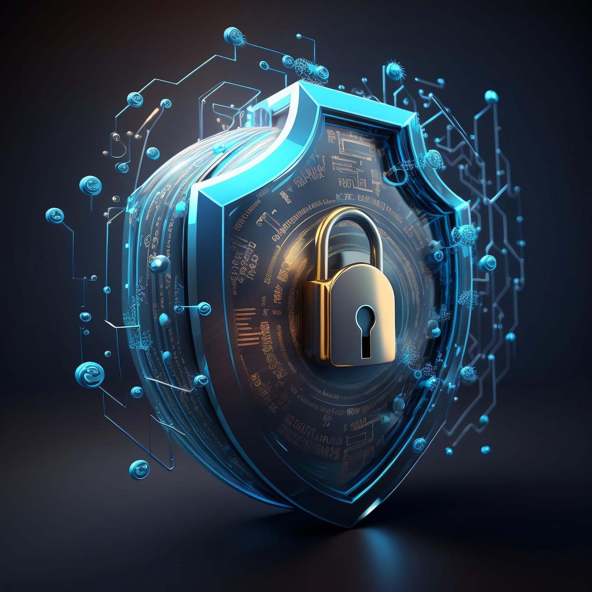 Glowing blue and gold shield with a padlock, representing cyber security, surrounded by circuit-like lines on a dark background.