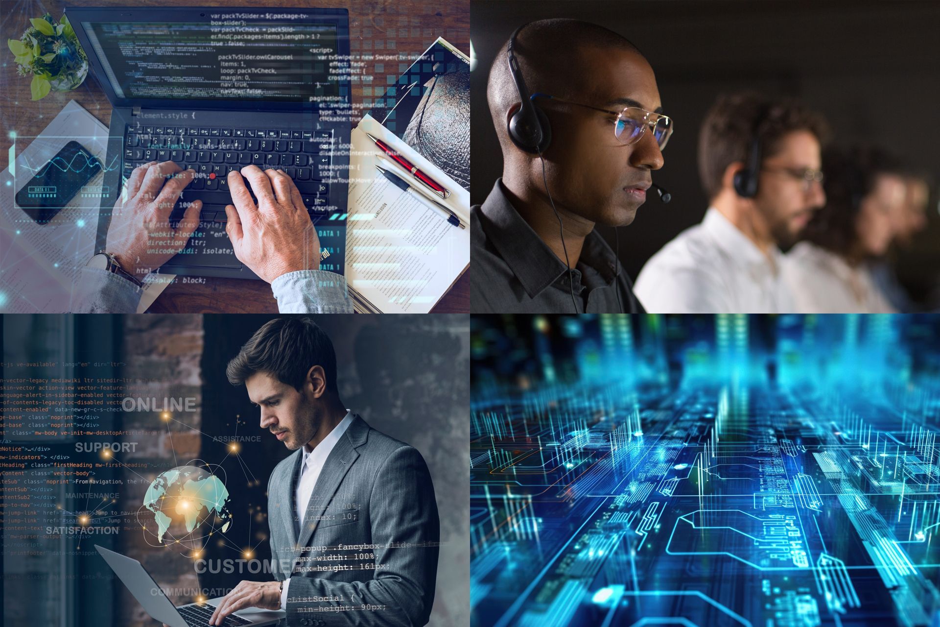 Four images related to technology: coding, call center, businessperson, and digital circuit board, application support