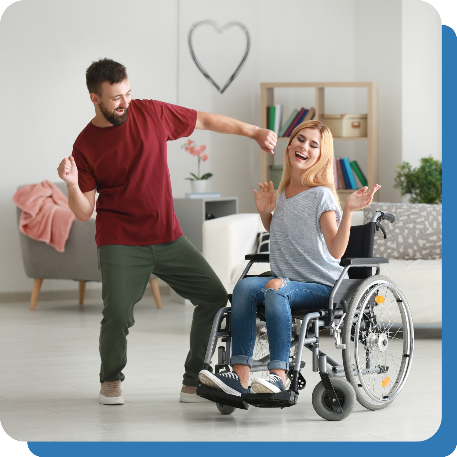 Woman with disability sitting in wheelchair and man dancing