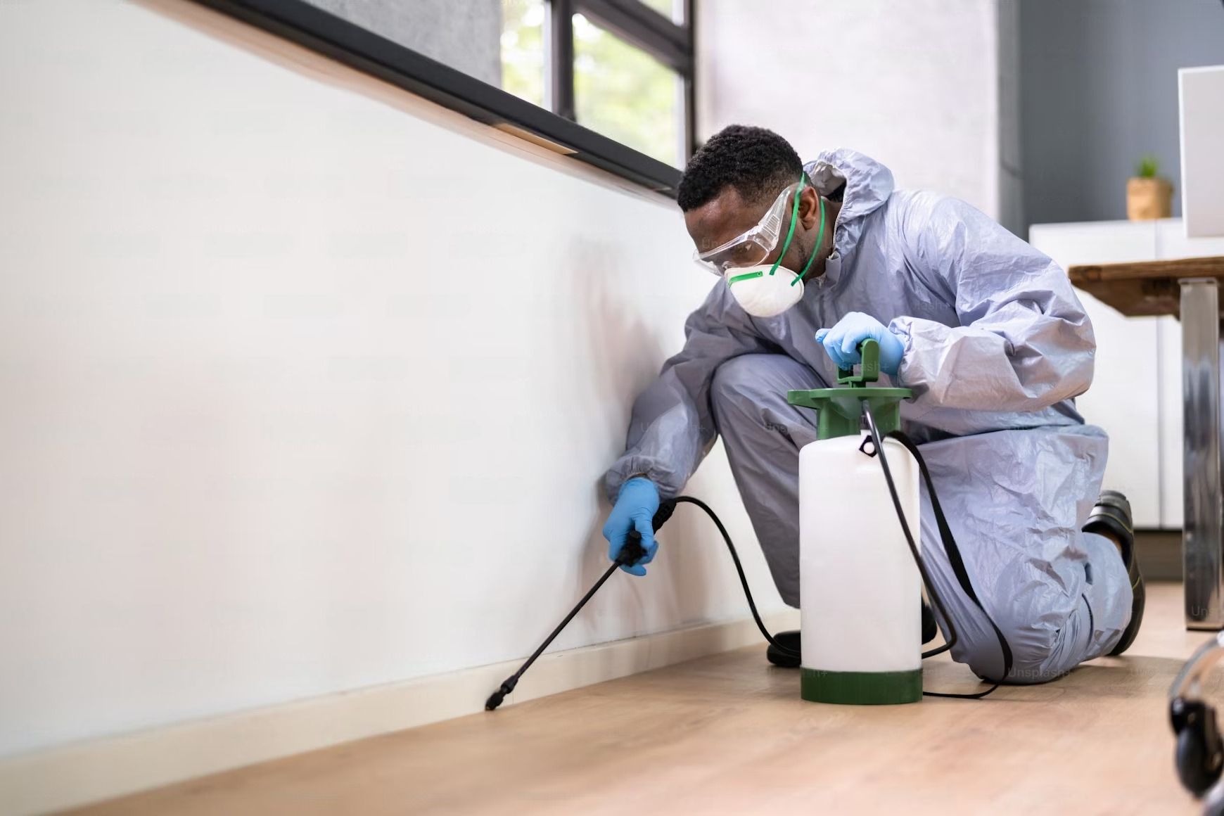 Pest control worker in protective gear spraying insecticide along a baseboard.
