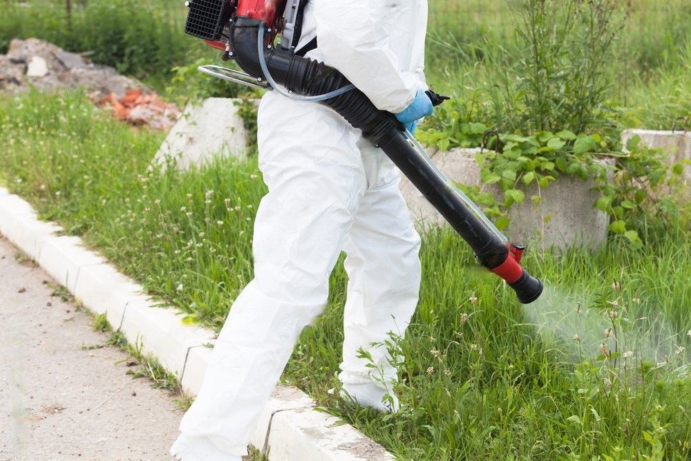 A man in a protective suit is spraying grass with a backpack sprayer.