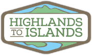 The logo for highlands to islands shows a mountain and a river.