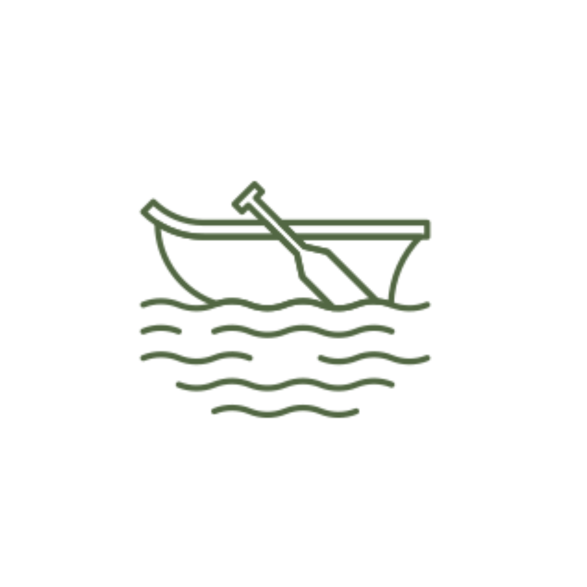 A line drawing of a boat with oars in the water.