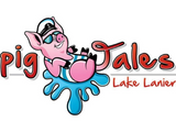 The logo for pig tales lake lanier has a pig wearing sunglasses and a hat.