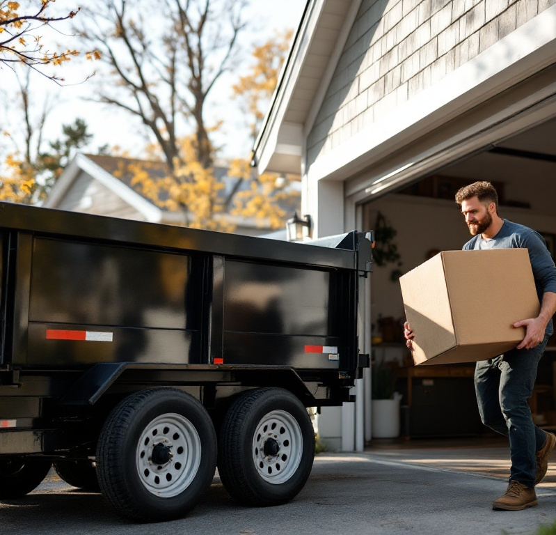 Man carrying box towards black trailer outside a garage.
