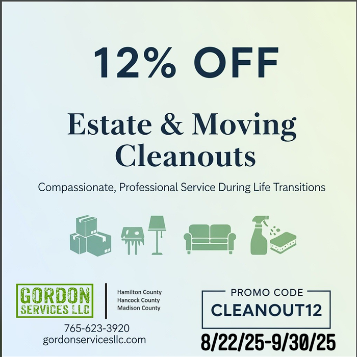 Advertisement: 12% off estate & moving cleanouts. Promo code CLEANOUT12. Includes contact info for Gordon Services LLC.