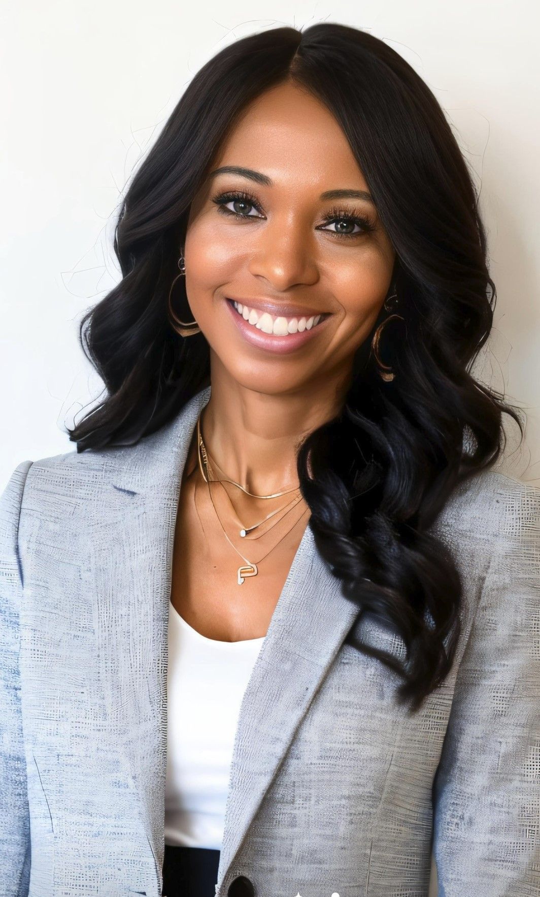 A woman wearing a gray jacket and a white shirt is smiling for the camera.